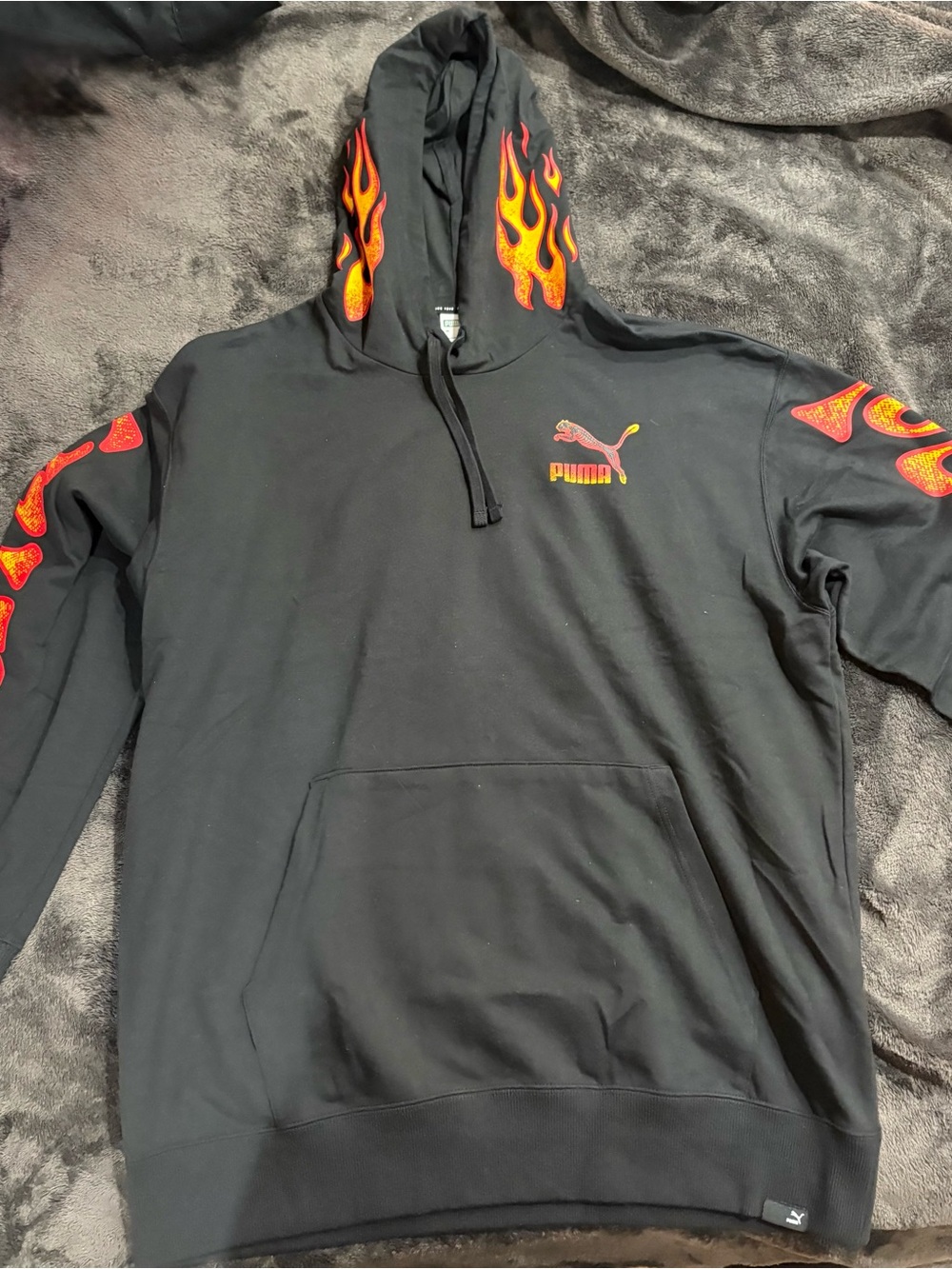 Puma Black Hoodie with Red and Orange Flame Accents